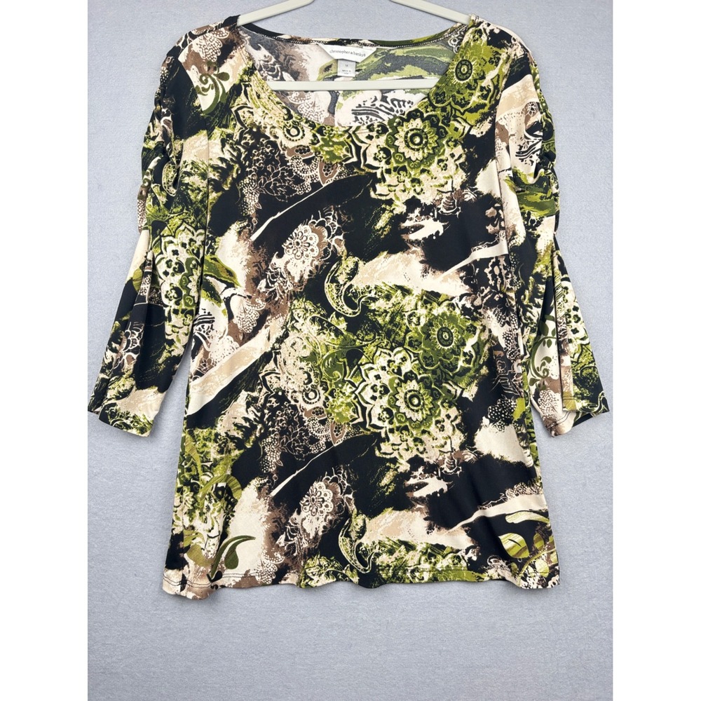 Christopher & Banks Knit Top Womens Size M 3/4 Ruched Sleeve Paisley Boho Casual
